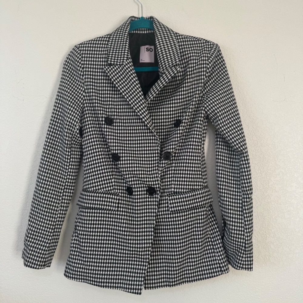 SO Womens Black White Houndstooth Double Breasted Blazer Jacket XS